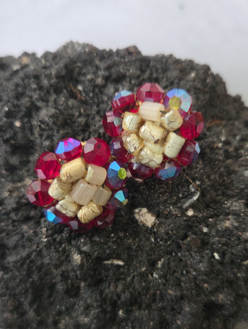 Vintage Mid-Century Ruby Red Aurora Borealis & Irridescent Crackle Beads.
